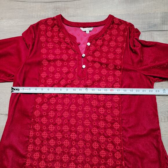 John Mark Velvet Embroidered Henley Top Size XL Boho Long Roll Tab Sleeves - Picture 7 of 7